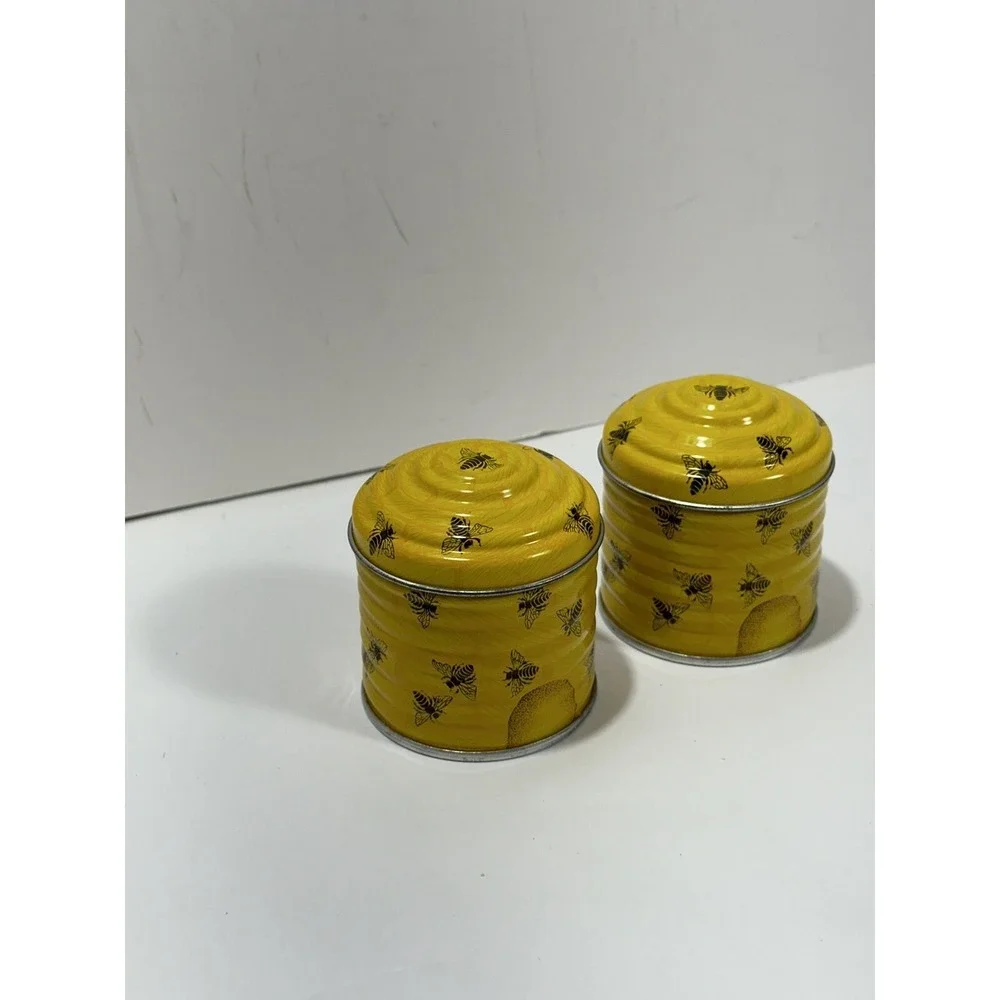 Vintage Beehive Bee Yellow Tin Candle Set Of 2 Made In Switzerland Very Rare!‎